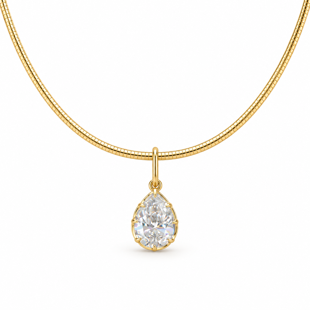Pear diamond pendant on yellow gold omega chain