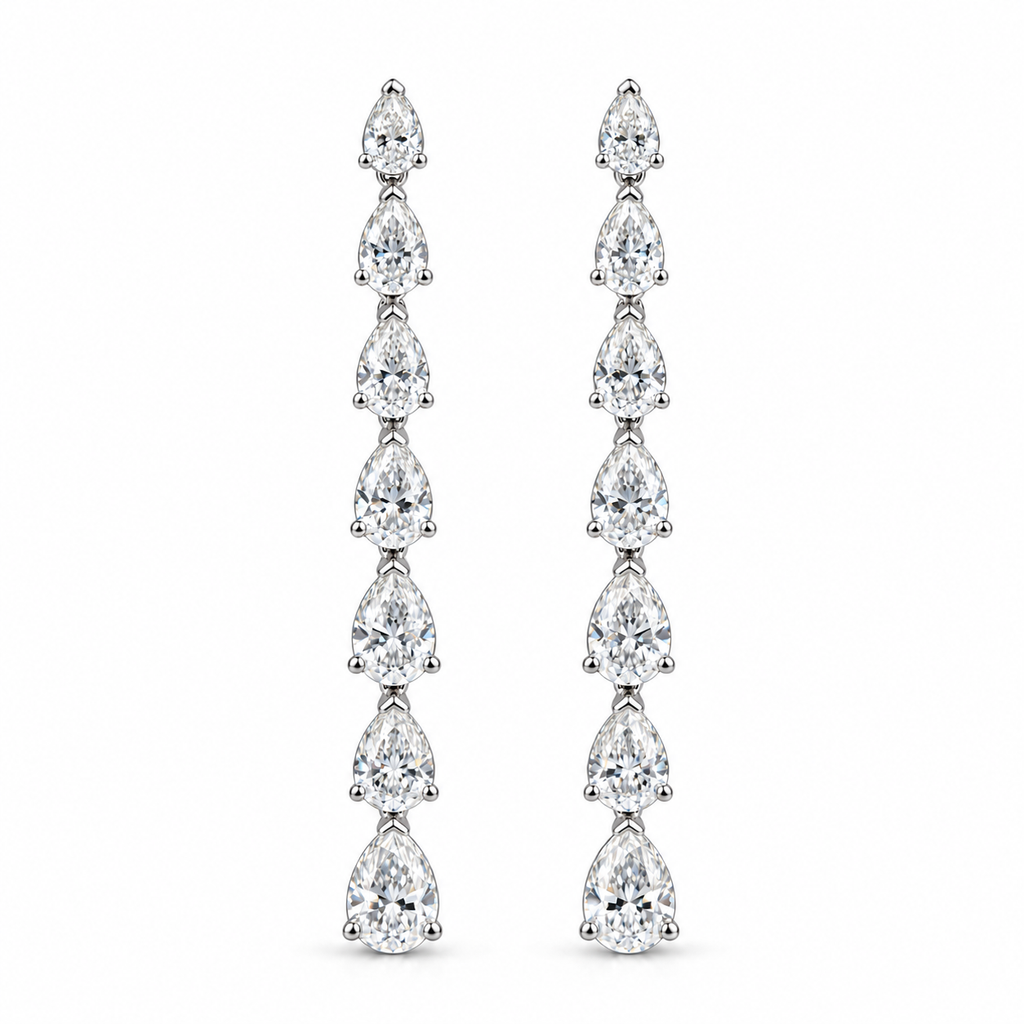 Graduating pear diamond drop earrings front view