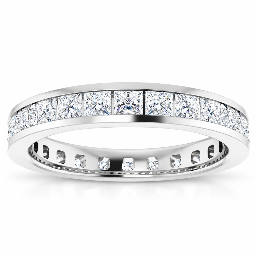 Princess-cut channel-set lab-grown diamond eternity band, 2 x 2 mm diamonds, 14K white gold, front studio view