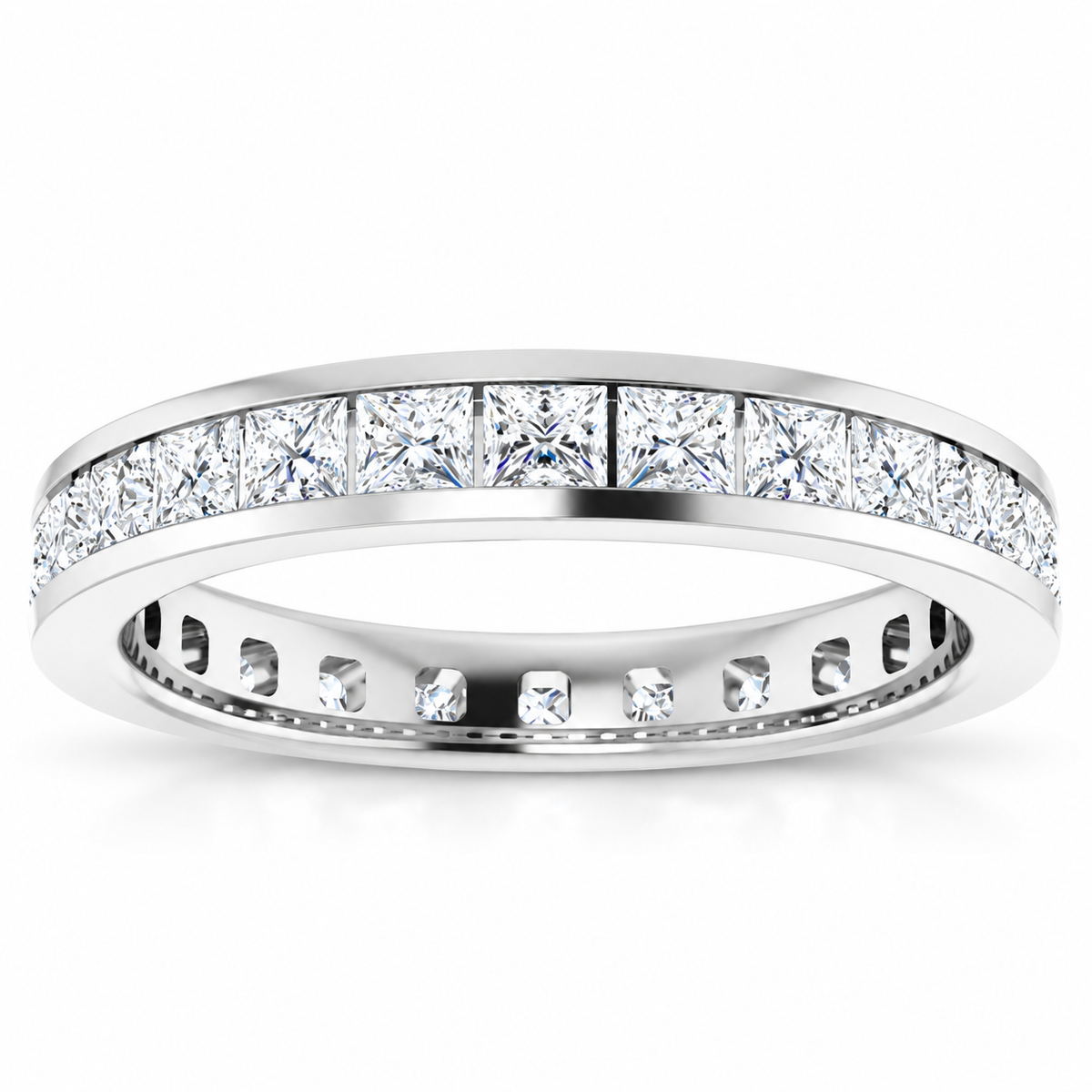 Princess-cut channel-set lab-grown diamond eternity band, 2 x 2 mm diamonds, 14K white gold, front studio view