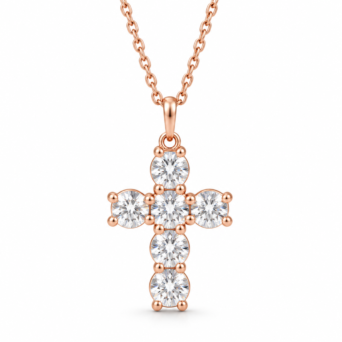 0.25 CTW six-diamond cross necklace in 14K rose gold — studio