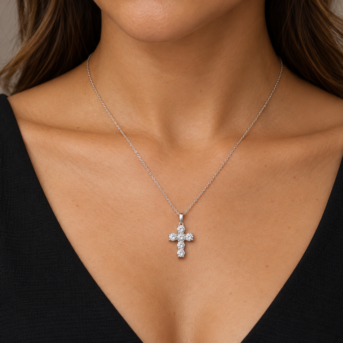0.50 CTW six-diamond cross necklace in 14K white gold — on-body styling illustration