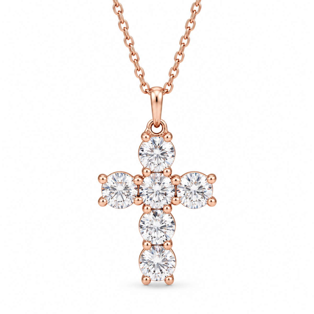 0.75 CTW six-diamond cross necklace in 14K rose gold — studio