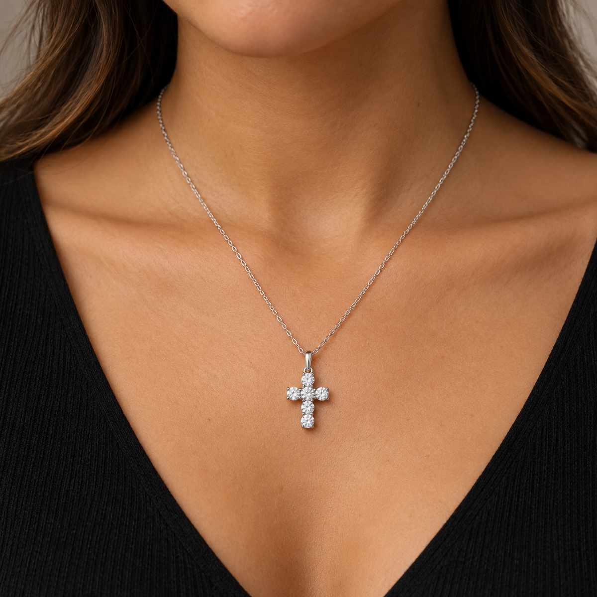 0.75 CTW six-diamond cross necklace in 14K white gold — on-body styling illustration