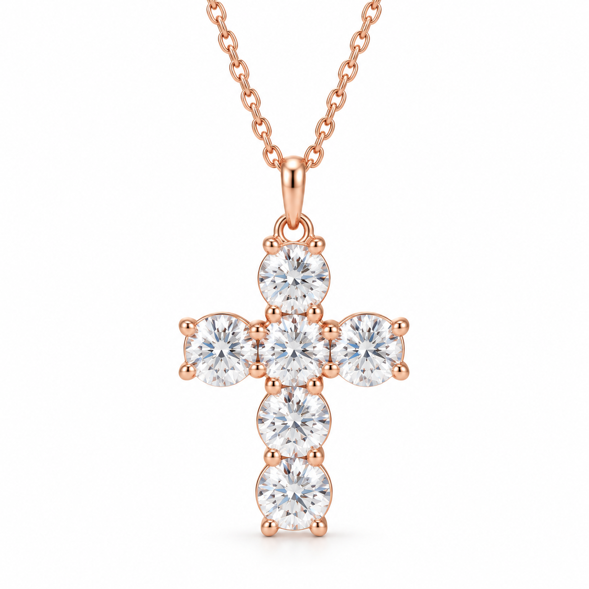 1.00 CTW six-diamond cross necklace in 14K rose gold — studio