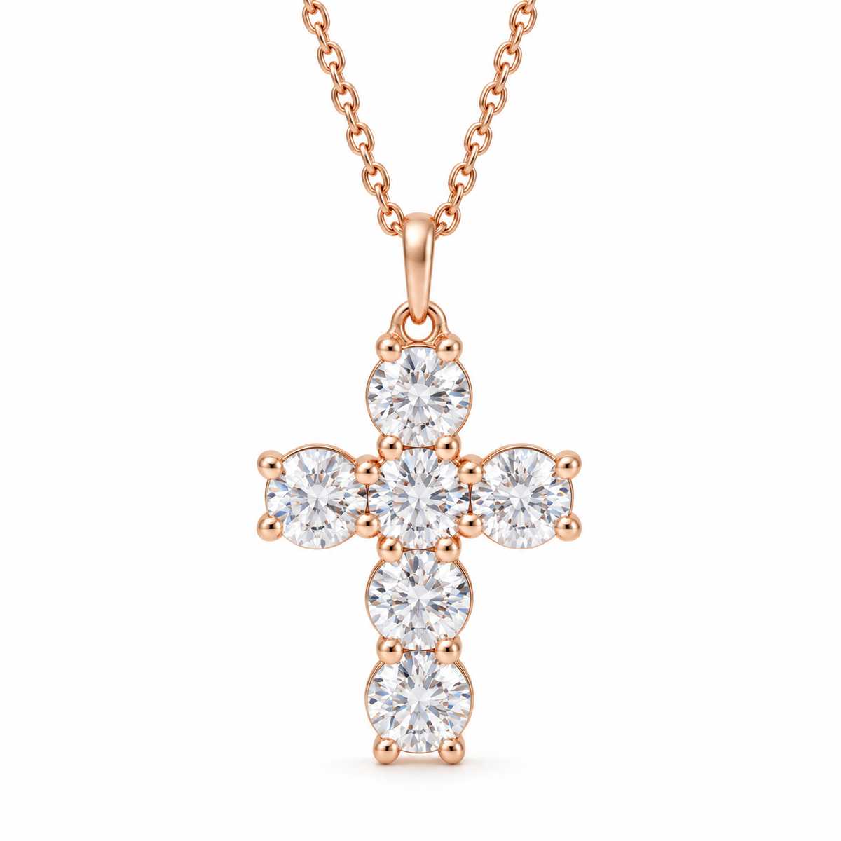 1.50 CTW six-diamond cross necklace in 14K rose gold — studio