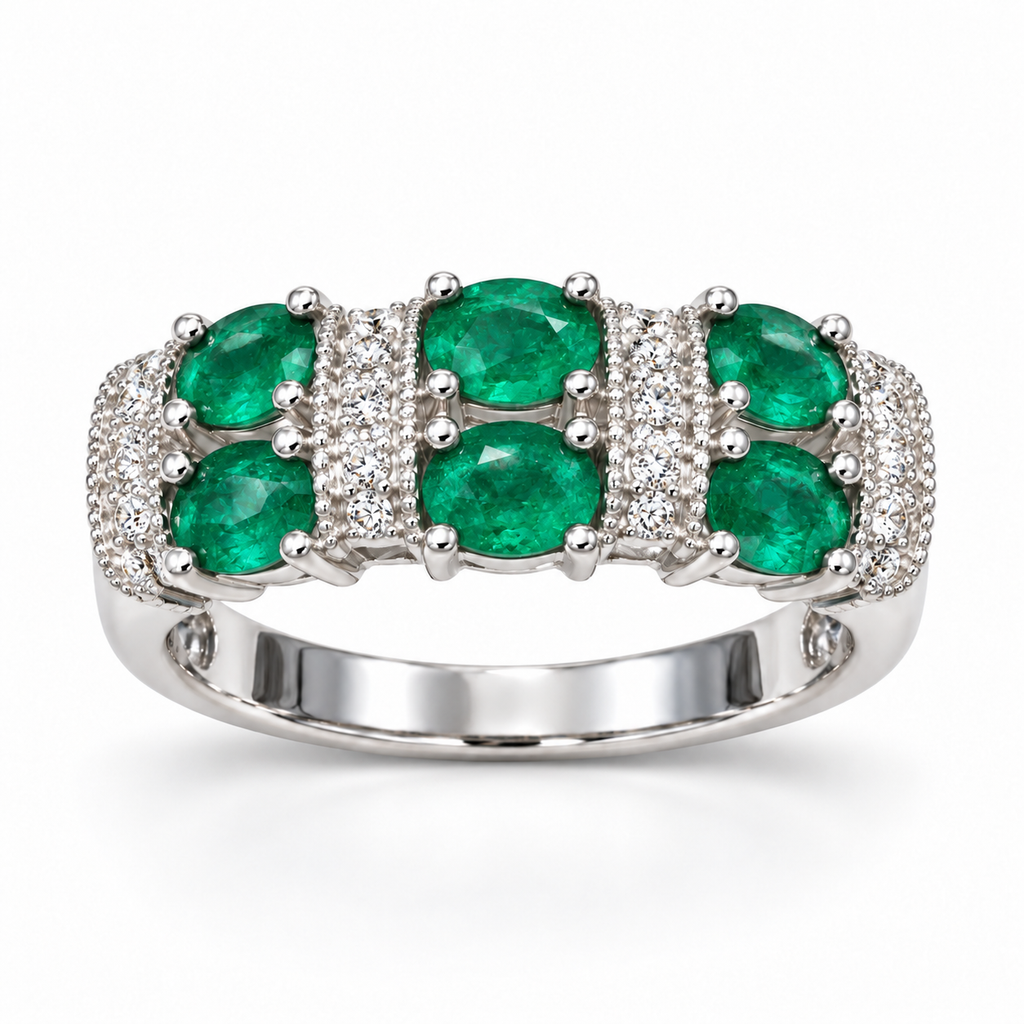 Oval emerald and diamond band in 14K white gold, front view
