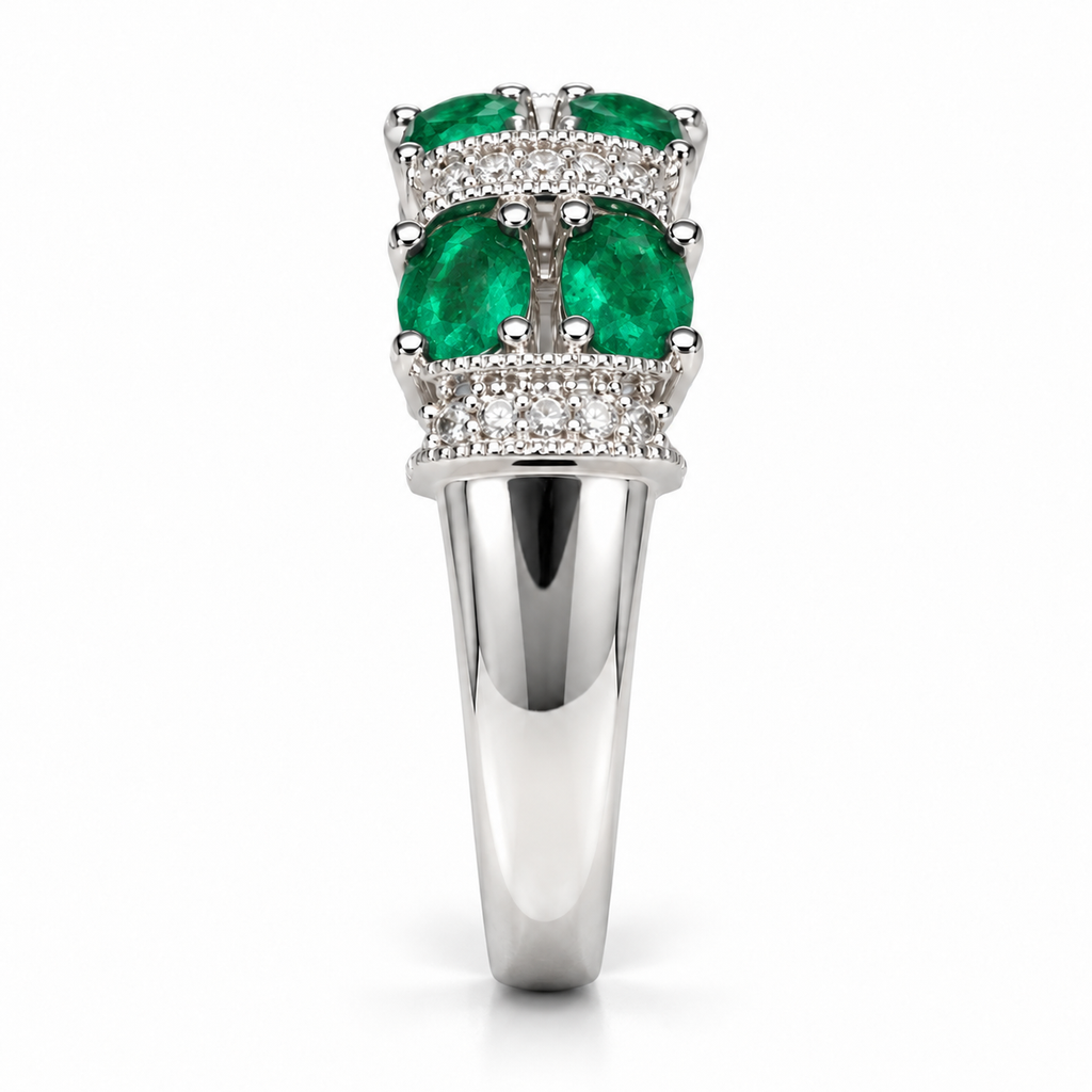 Oval emerald and diamond band in 14K white gold, shoulder view