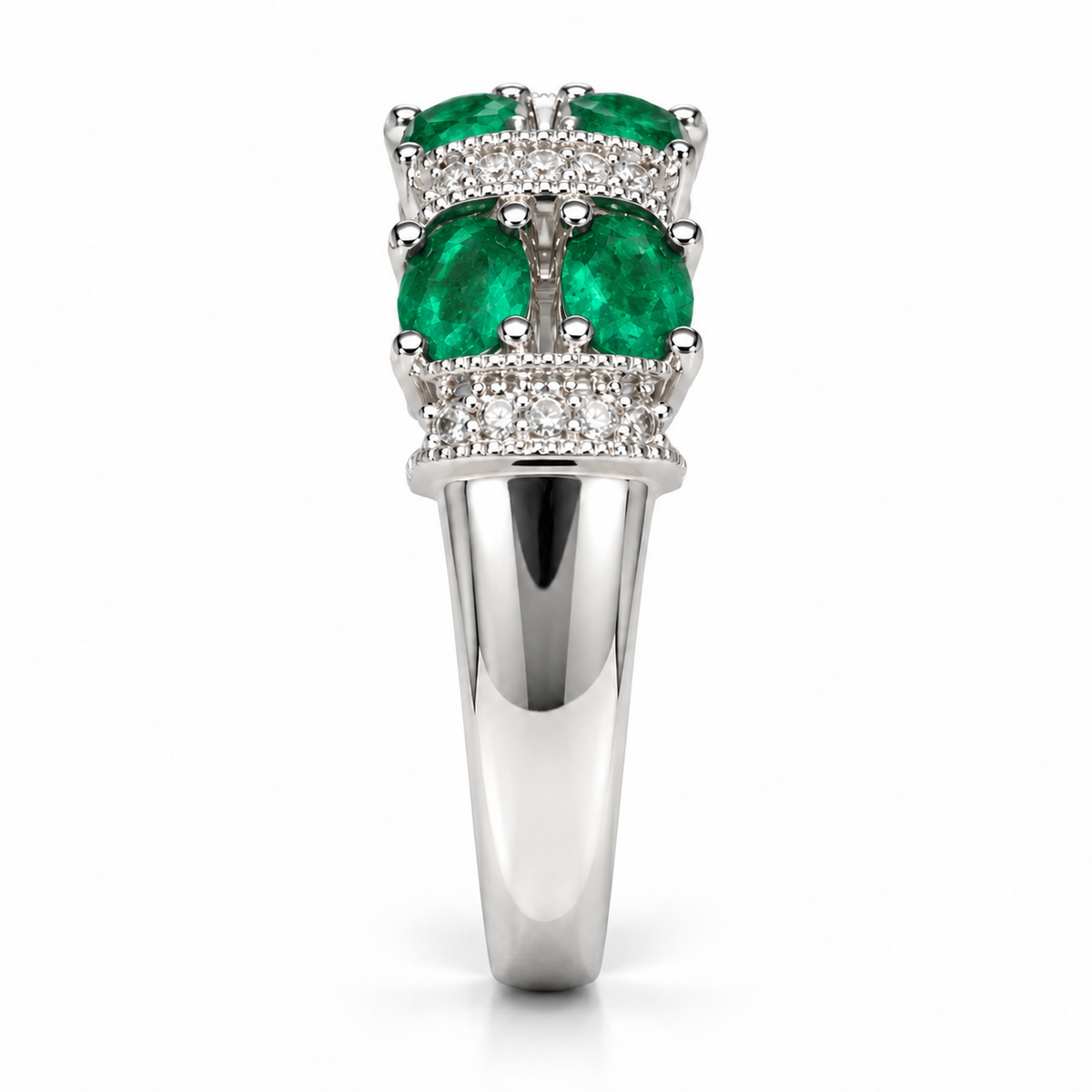 Oval emerald and diamond band in 14K white gold, shoulder view