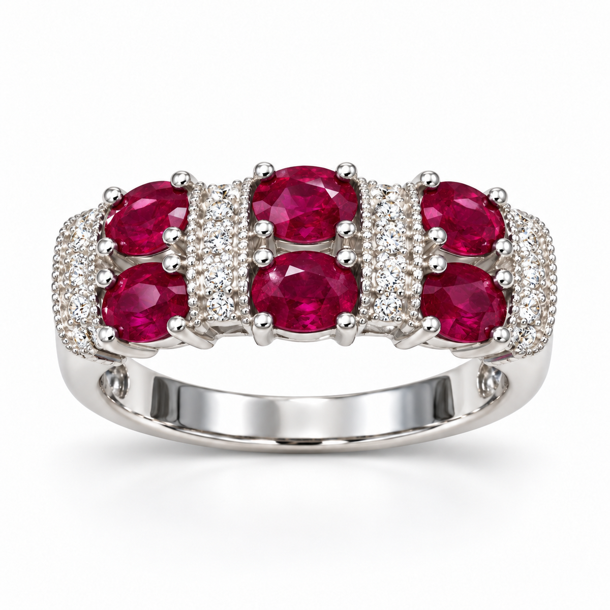 Oval ruby and diamond band in 14K white gold, front view