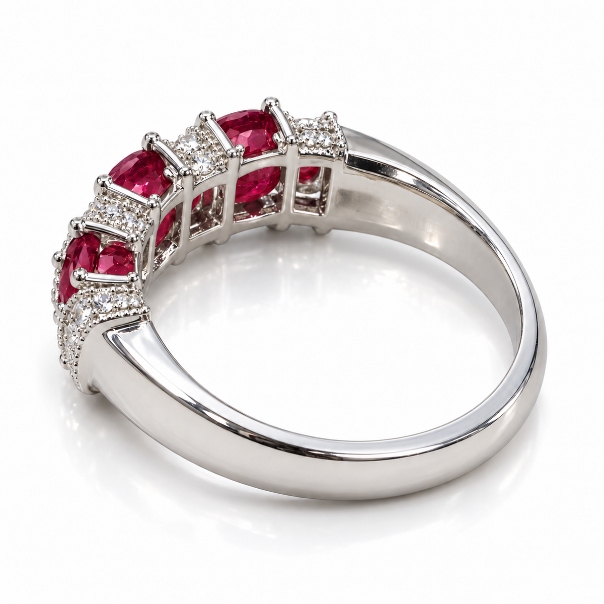 Oval ruby and diamond band in 14K white gold, rear view