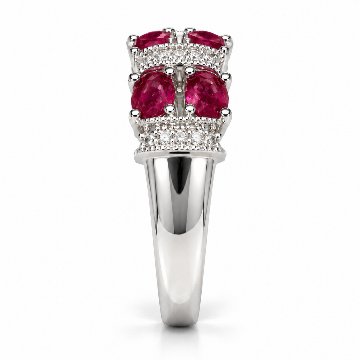 Oval ruby and diamond band in 14K white gold, shoulder view