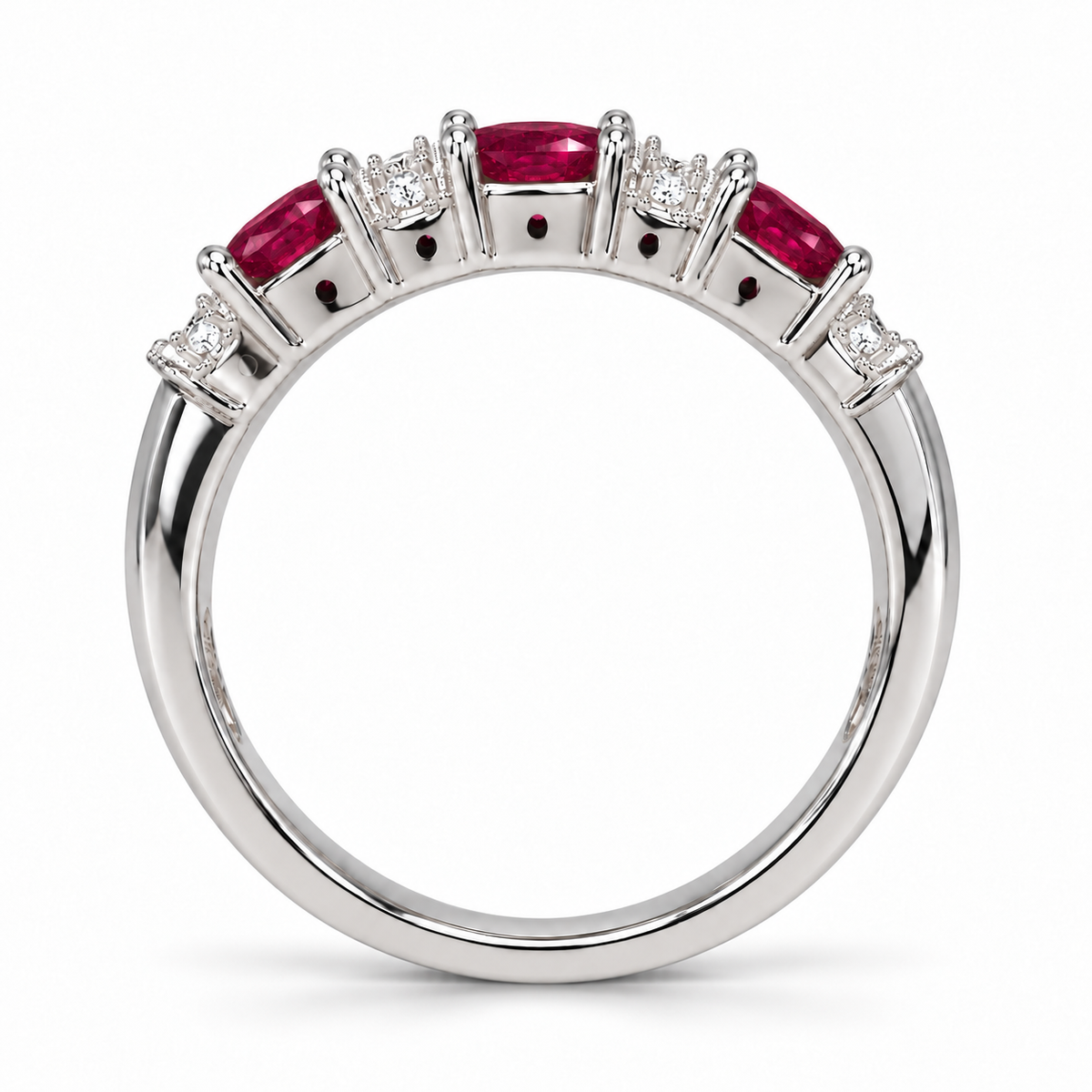 Oval ruby and diamond band in 14K white gold, side view