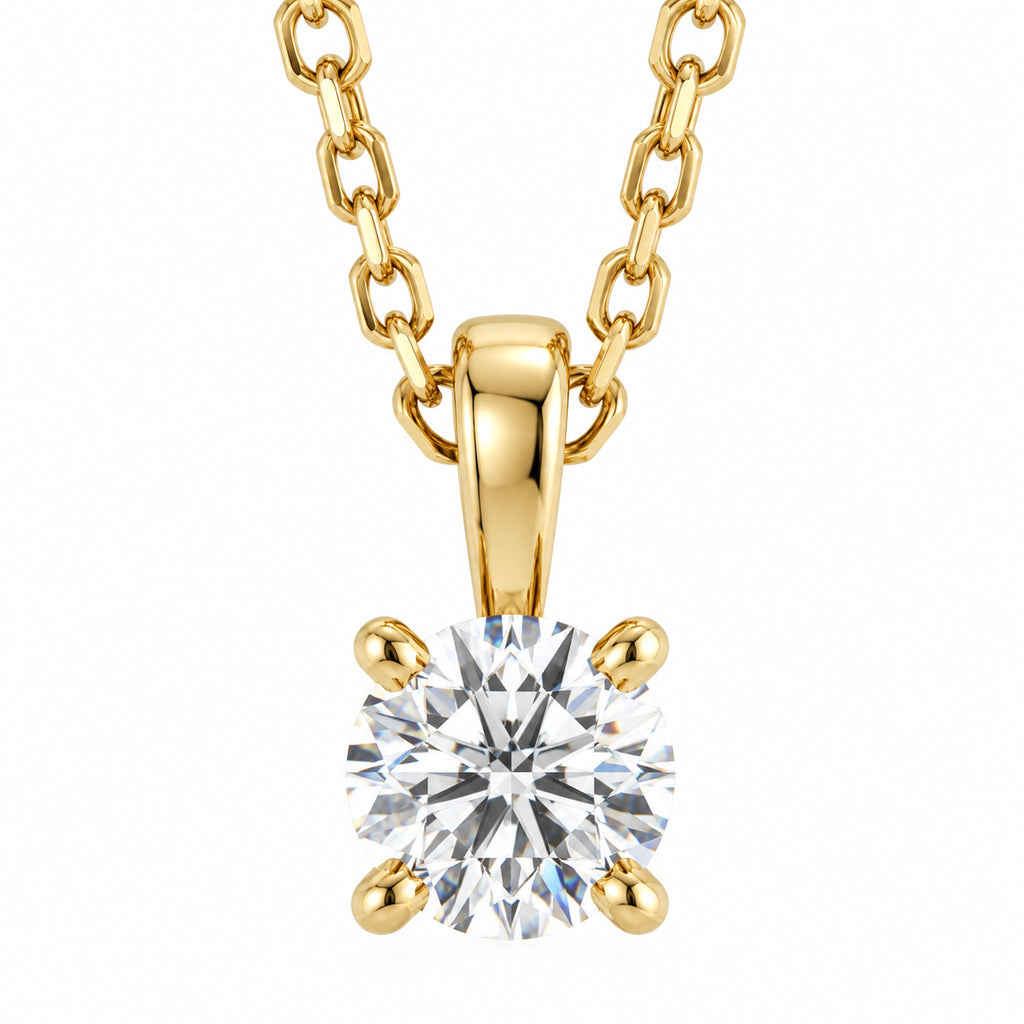 14K Yellow Gold round lab-grown diamond solitaire necklace — studio front view