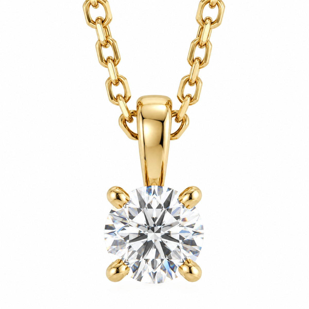 14K Yellow Gold round lab-grown diamond solitaire necklace — studio front view