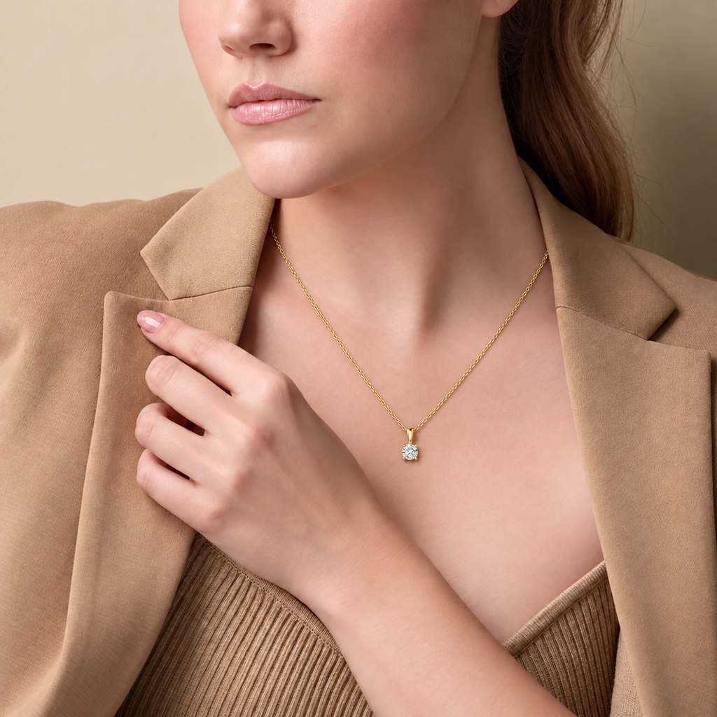 0.25 CT (4 mm) 14K Yellow Gold lab-grown diamond solitaire necklace — on-body view, styling illustration
