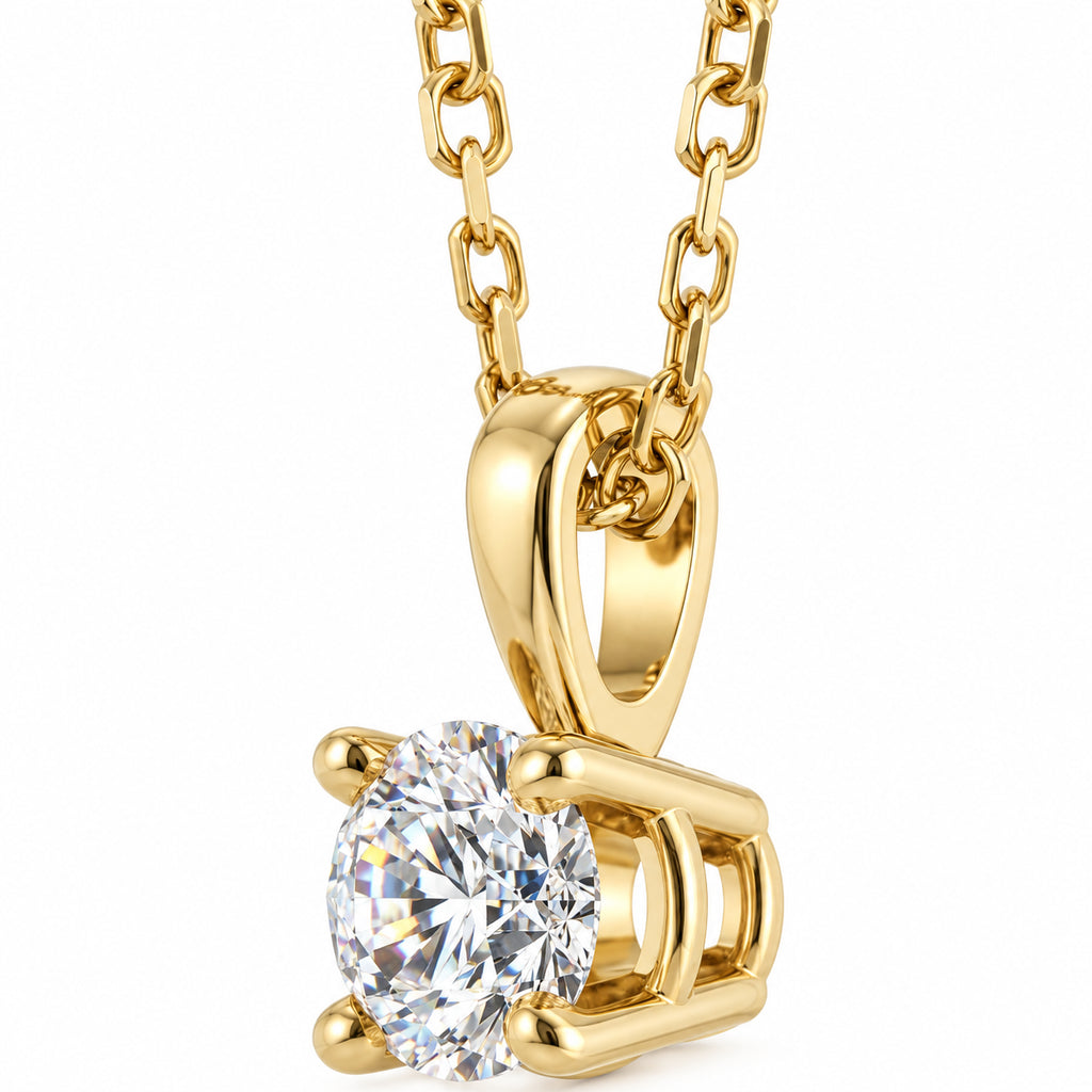 14K Yellow Gold round lab-grown diamond solitaire necklace — studio product view 2