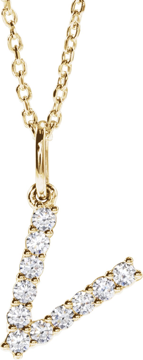 14K Yellow Gold 1/5 CTW Lab-Grown Diamond Initial V 16-18" Necklace — front view