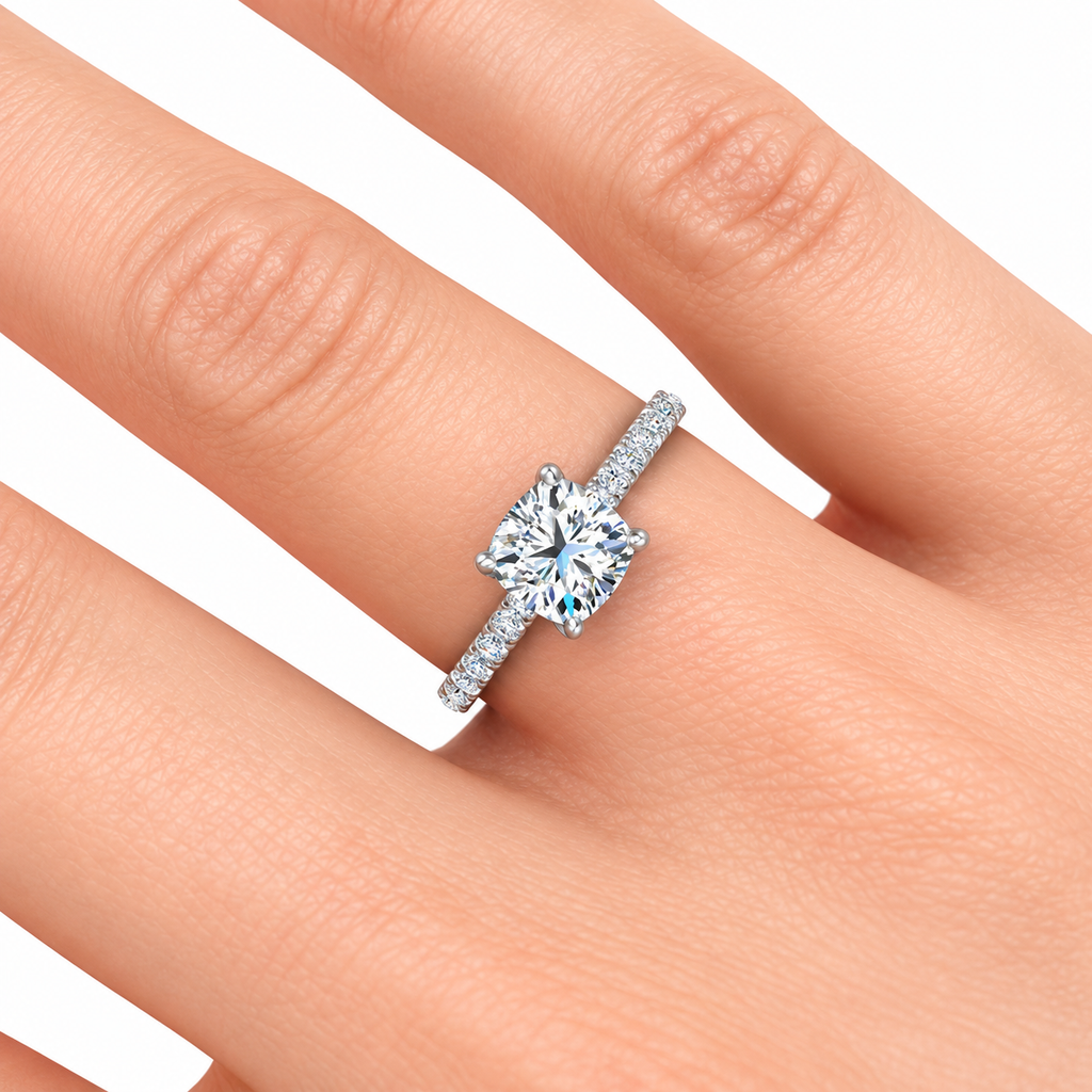 Valerie Cushion engagement ring — white gold — on hand