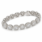 Angled studio view of oval halo lab-grown diamond bracelet in 18k white gold