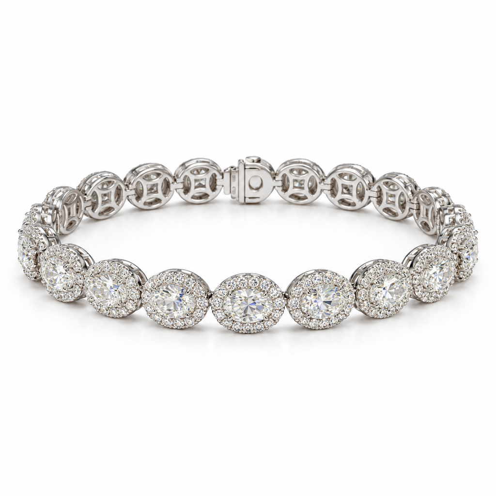 Front studio view of women's oval halo lab-grown diamond bracelet in 18k white gold