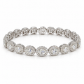 Front studio view of women's oval halo lab-grown diamond bracelet in 18k white gold