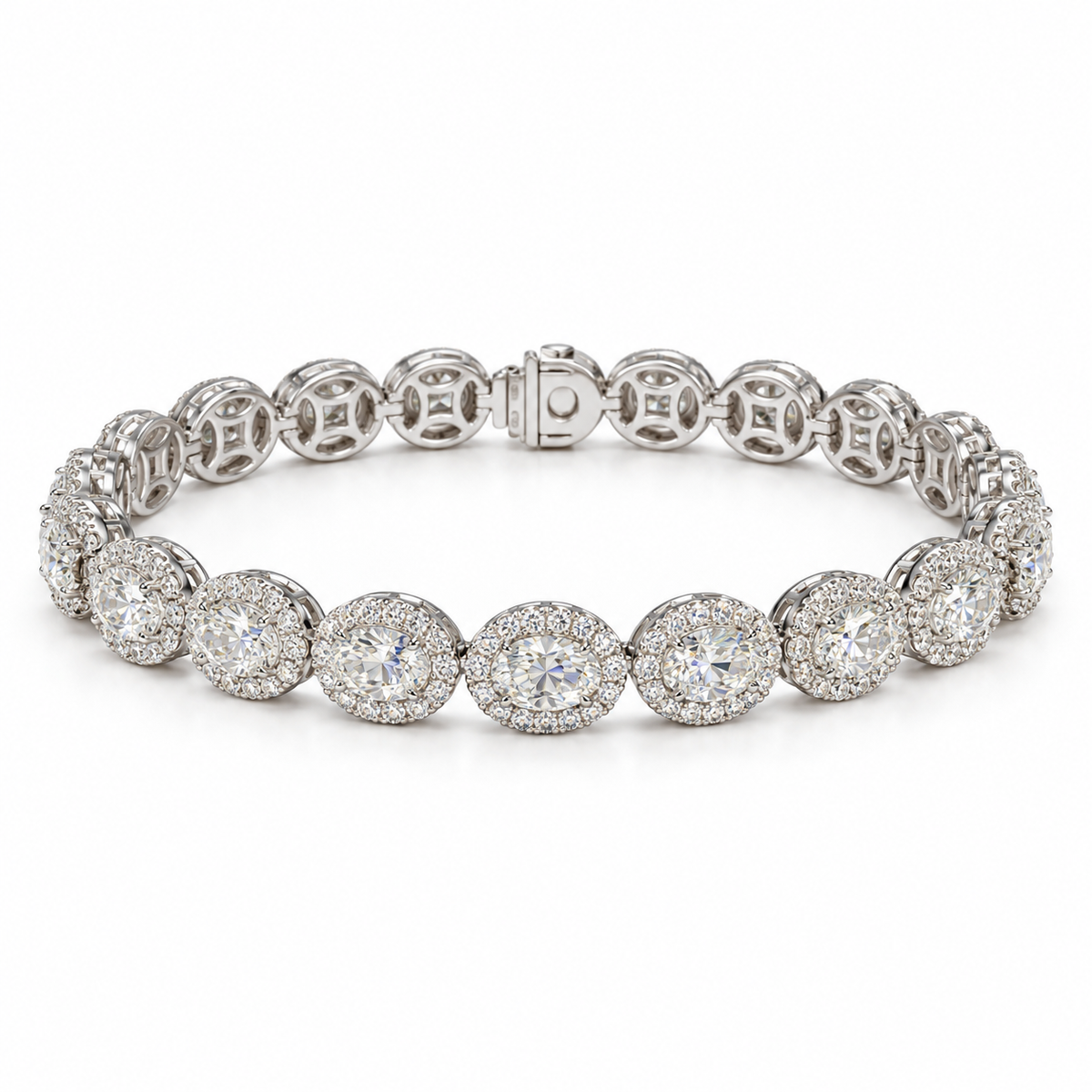 Front studio view of women's oval halo lab-grown diamond bracelet in 18k white gold