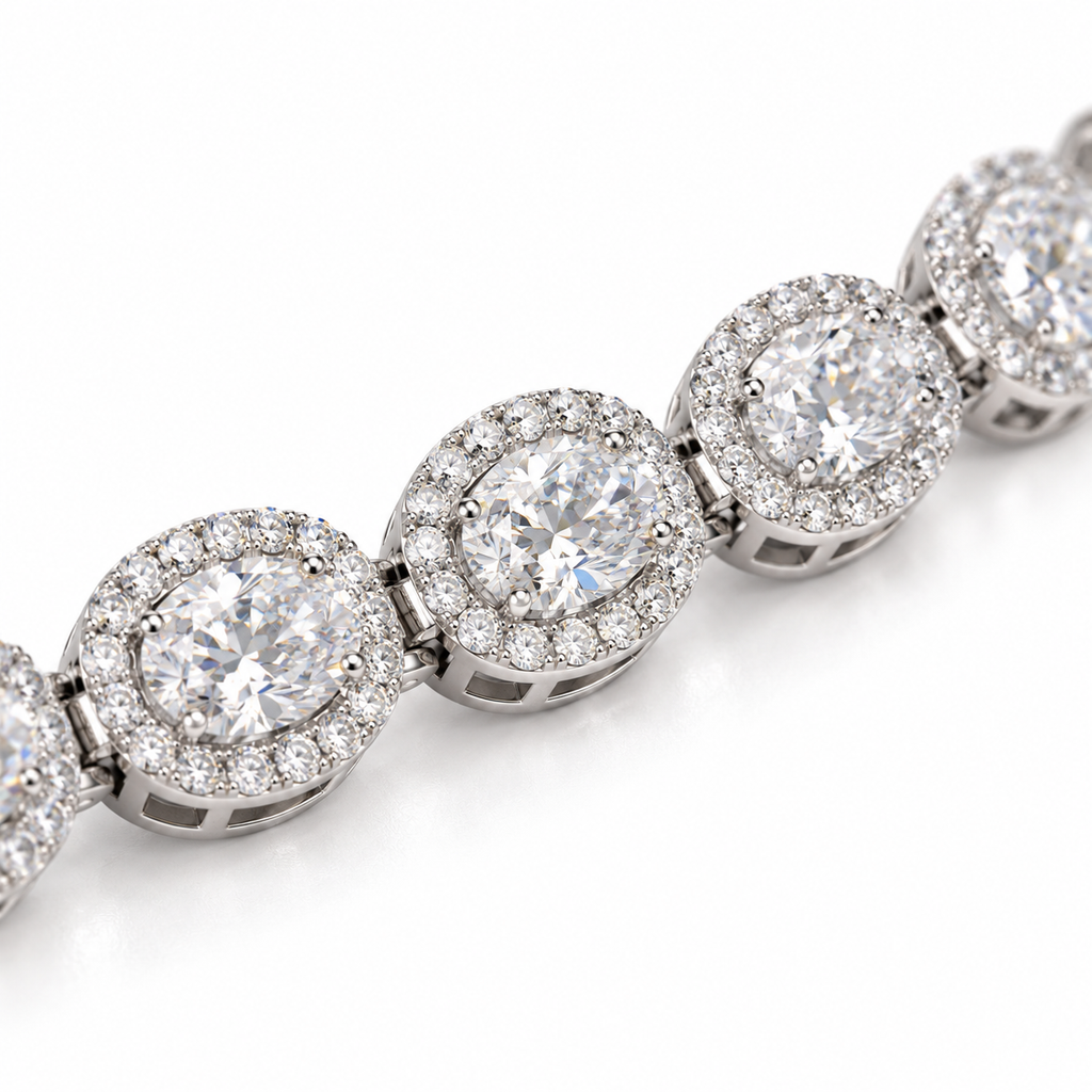 Close-up of oval center diamonds and diamond halos in white gold settings