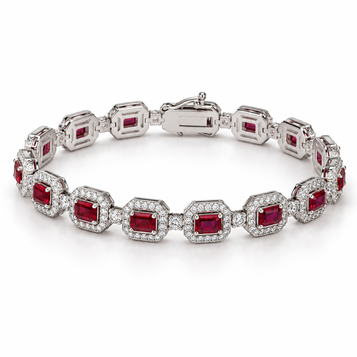 Women's emerald-cut lab-grown ruby and diamond halo bracelet in 14K white gold — angle