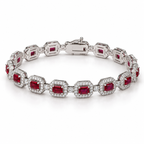 Women's emerald-cut lab-grown ruby and diamond halo bracelet in 14K white gold — angle