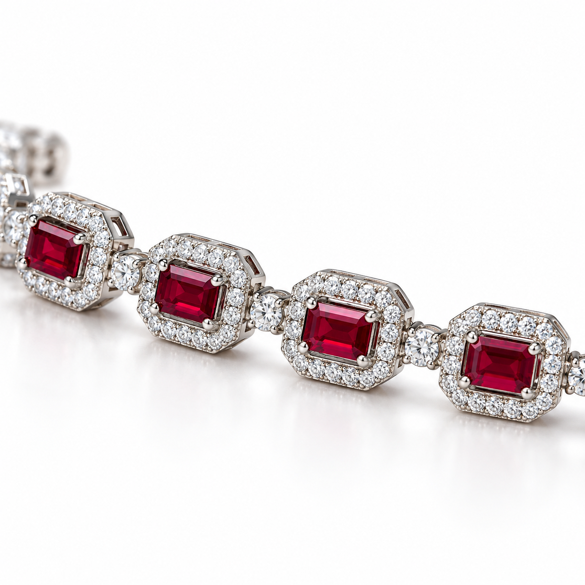 Women's emerald-cut lab-grown ruby and diamond halo bracelet in 14K white gold — detail