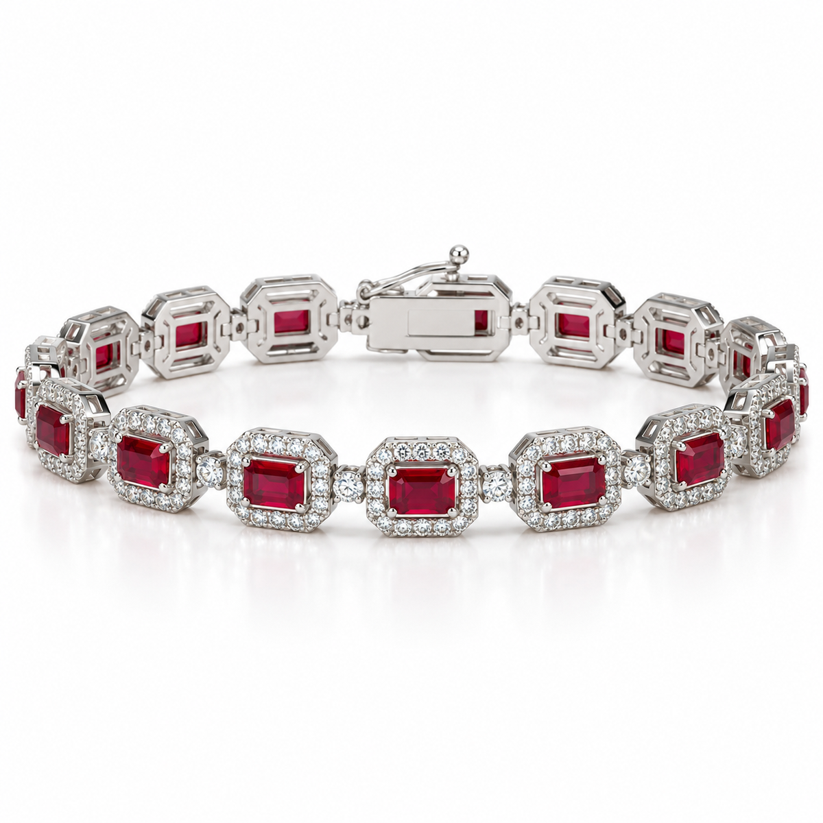 Women's emerald-cut lab-grown ruby and diamond halo bracelet in 14K white gold — front