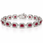Women's emerald-cut lab-grown ruby and diamond halo bracelet in 14K white gold — front
