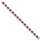 Women's emerald-cut lab-grown ruby and diamond halo bracelet in 14K white gold — full length