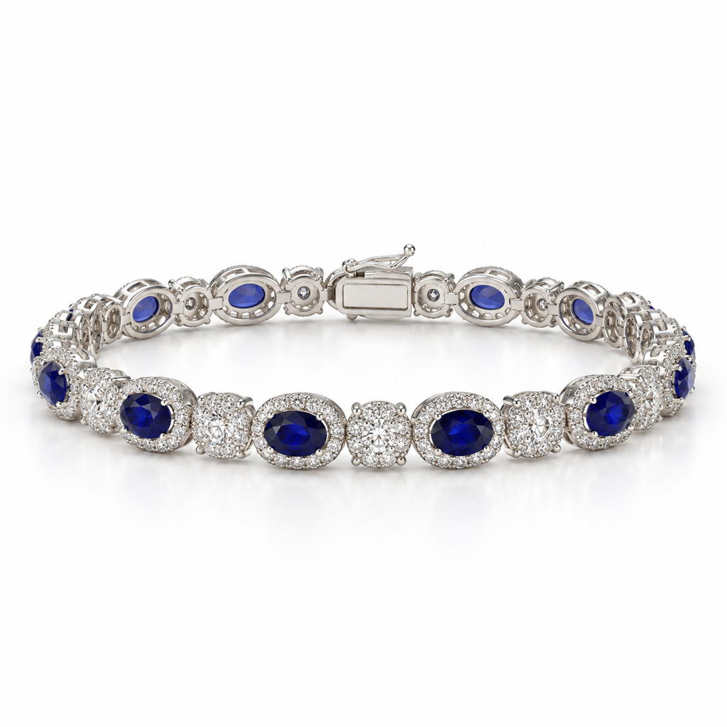 Front view of women's oval lab-grown sapphire and diamond halo bracelet in 14k white gold