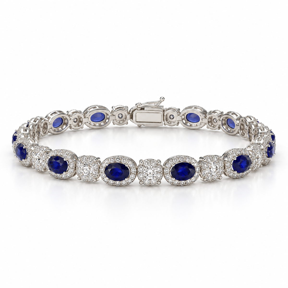 Front view of women's oval lab-grown sapphire and diamond halo bracelet in 14k white gold