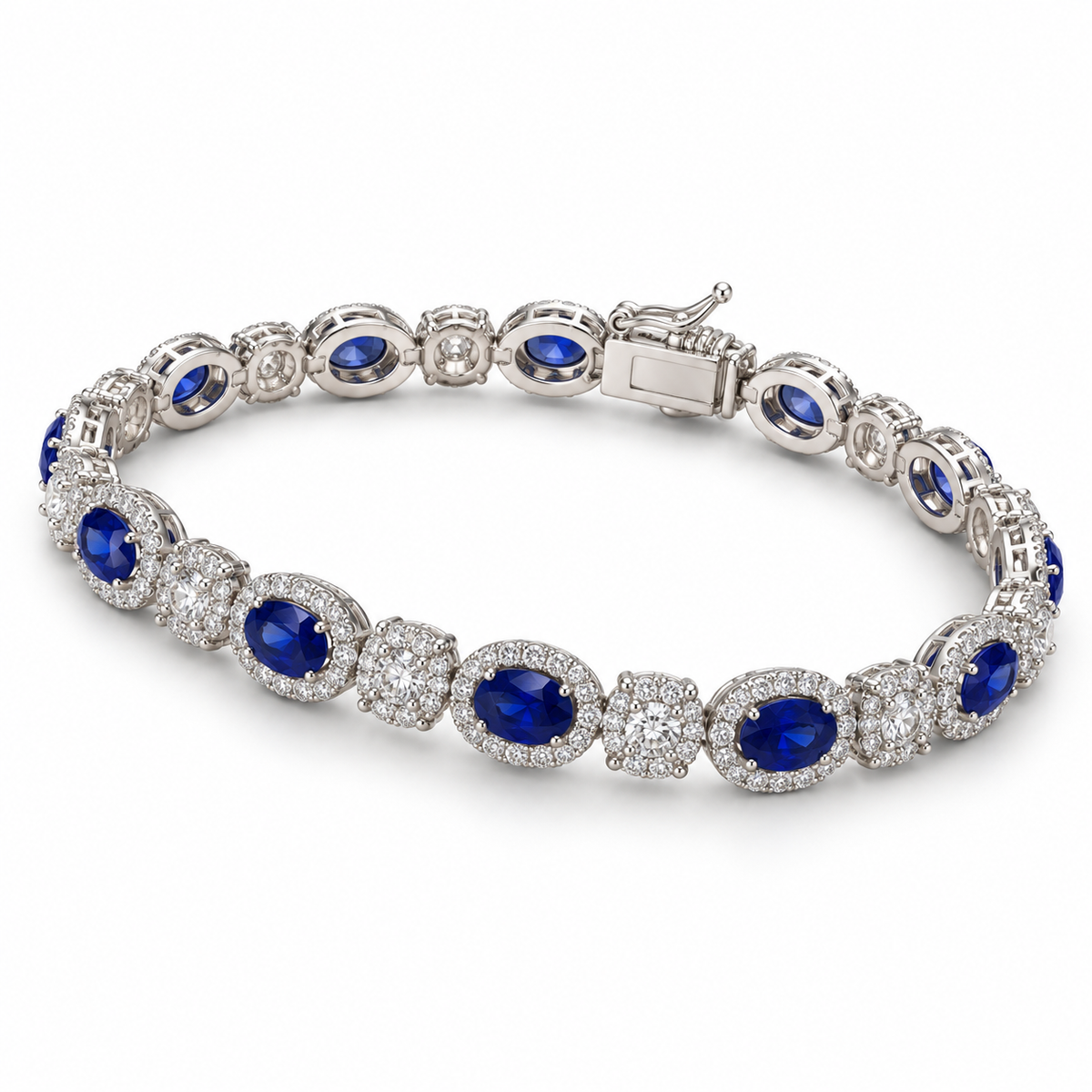 Angled studio view of oval blue lab-grown sapphires alternating with lab-grown diamond stations