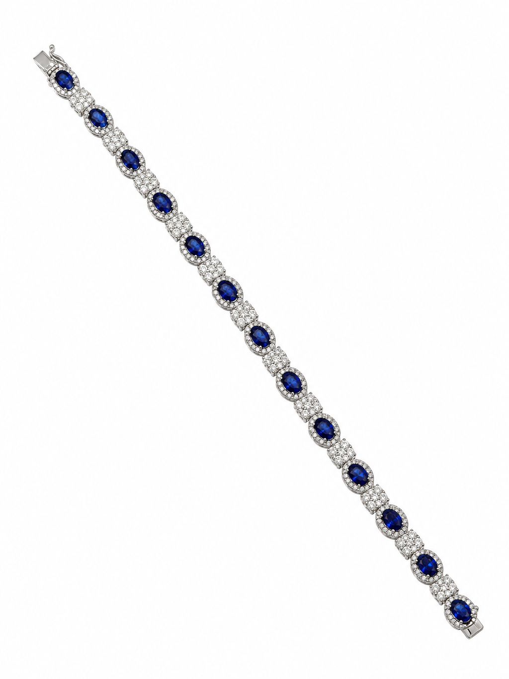 Full-length view of 7-inch oval lab-grown sapphire and diamond bracelet in 14k white gold