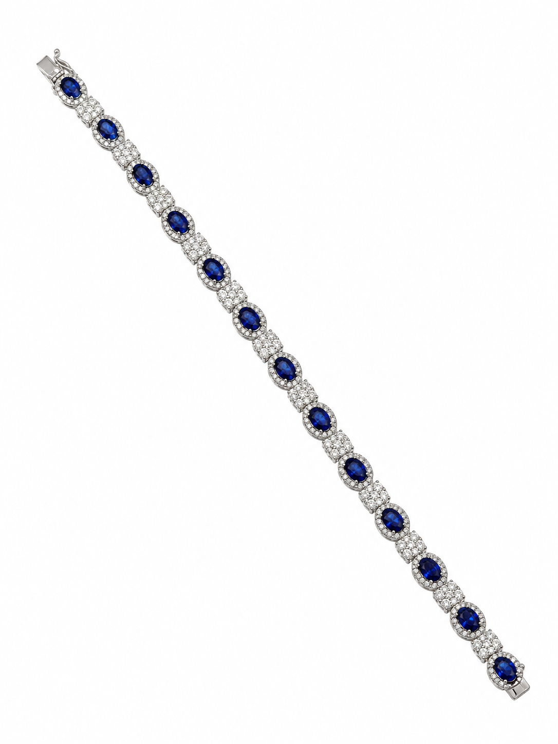 Full-length view of 7-inch oval lab-grown sapphire and diamond bracelet in 14k white gold