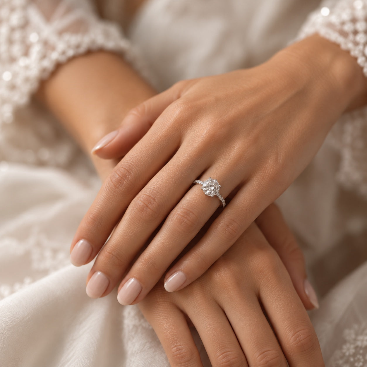 Diamond ring worn on a hand
