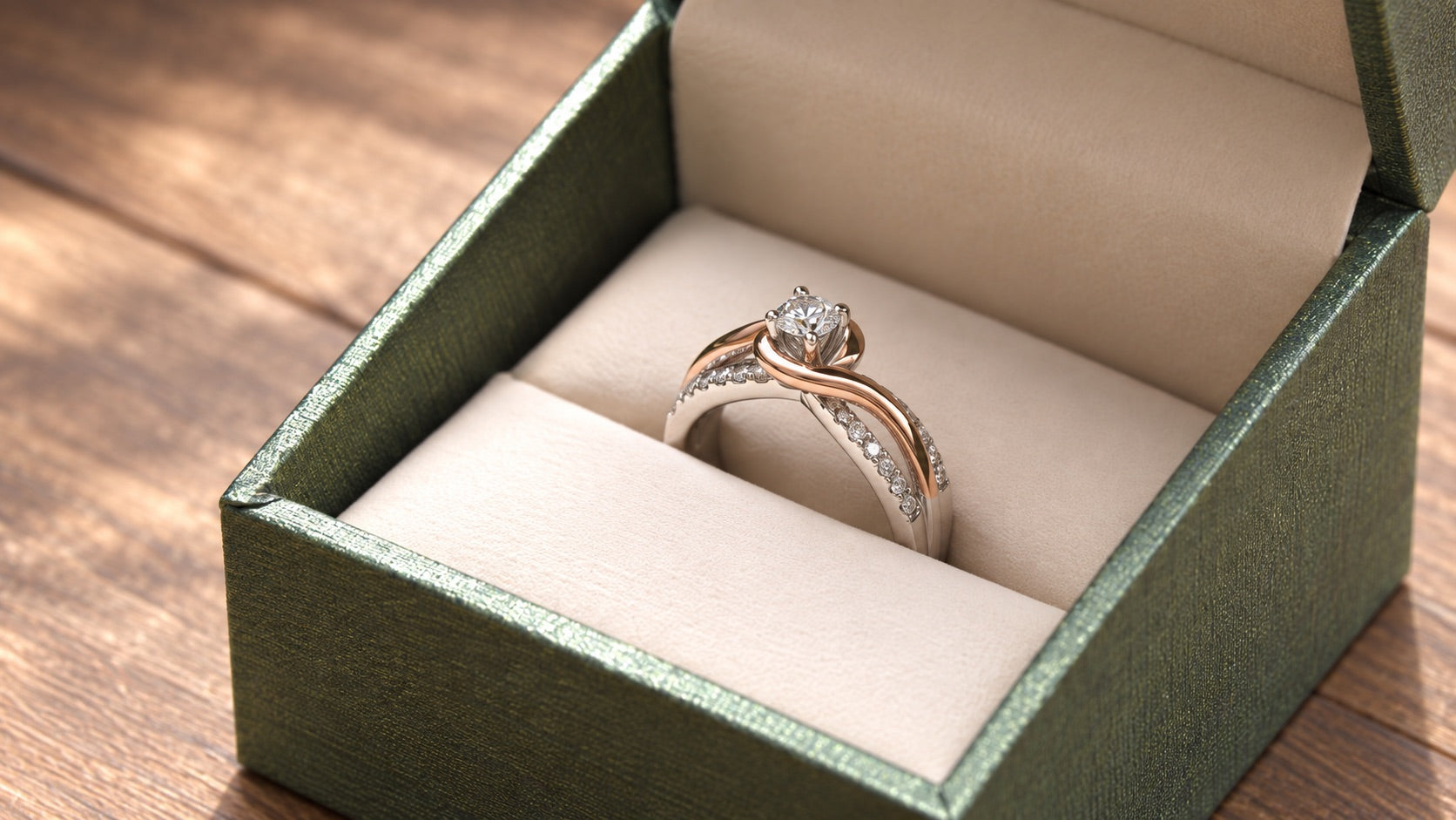 Diamond ring presented in a jewelry box